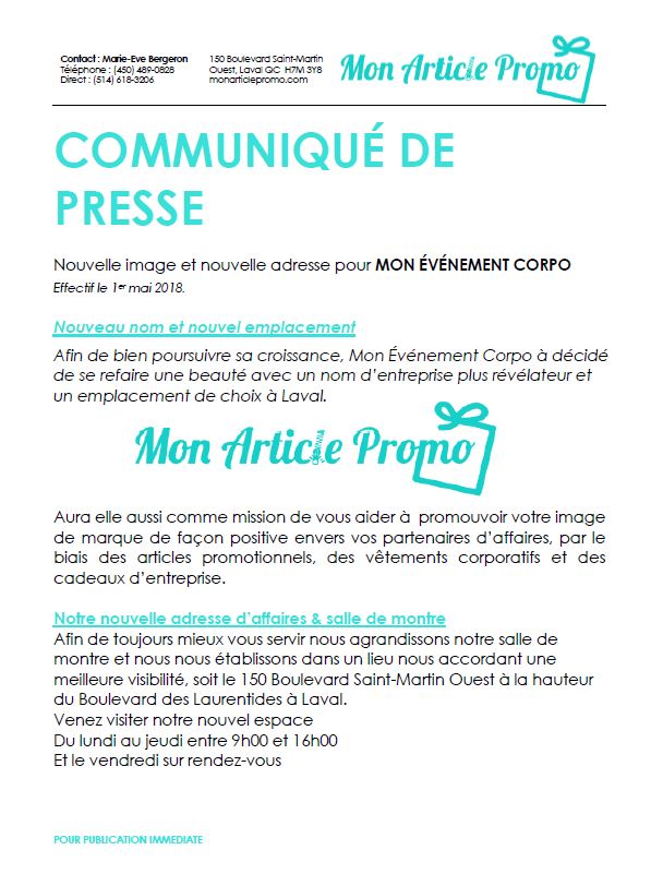 Nouvelle adresse événement corpo